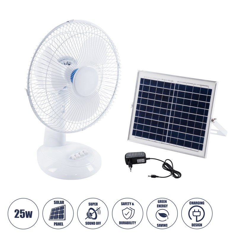 GloboStar® SOLARI-FAN 85354 Solar Fan Αυτόνομος Ηλιακός Επιτραπέζιος Ανεμιστήρας 25W 2 Λειτουργιών Ρεύματος με AC 220-240V ή με Φωτοβολταϊκό Panel 9V 12W & Επαναφορτιζόμενη Μπαταρία Li-ion 7.4V 4400mAh - 3 Ταχύτητες - IP20 - Μ24 x Π36 x Υ49cm - Λευκό  GloboStar® SOLARI-FAN 85354 Solar Fan Αυτόνομος Ηλιακός Επιτραπέζιος Ανεμιστήρας 25W 2 Λειτουργιών Ρεύματος με AC 220-240V ή με Φωτοβολταϊκό Panel 9V 12W & Επαναφορτιζόμενη Μπαταρία Li-ion 7.4V 4400mAh - 3 Ταχύτητες - IP20 - Μ24 x Π36 x Υ49cm - Λευκό