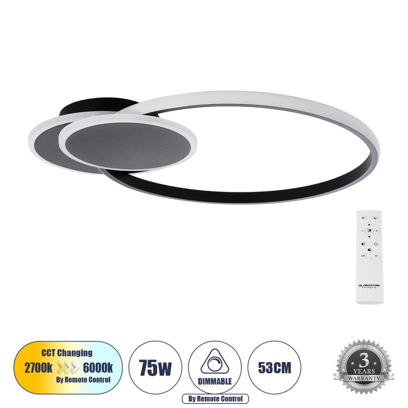 GLOBOSTAR® CIRCUO 61229 Μοντέρνο Φωτιστικό Οροφής LED 75W 8400lm 360° AC 220-240V IP20 Ρυθμιζόμενο Λευκό CCT με Χειριστήριο από 2700K έως 6000K Dimmable - Lumileds SMD Chip - Μαύρο Ματ - Μ53 x Π42.5 x Υ9cm - 3 Χρόνια Εγγύηση GLOBOSTAR® CIRCUO 61229 Μοντέρνο Φωτιστικό Οροφής LED 75W 8400lm 360° AC 220-240V IP20 Ρυθμιζόμενο Λευκό CCT με Χειριστήριο από 2700K έως 6000K Dimmable - Lumileds SMD Chip - Μαύρο Ματ - Μ53 x Π42.5 x Υ9cm - 3 Χρόνια Εγγύηση