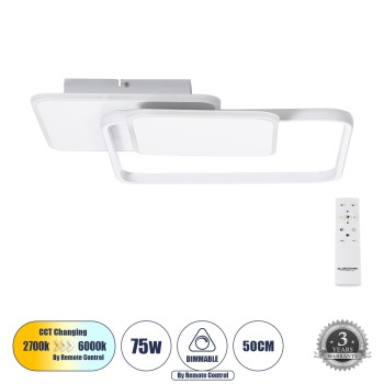 GLOBOSTAR® SQUARO 61232 Μοντέρνο Φωτιστικό Οροφής LED 75W 8400lm 360° AC 220-240V IP20 Ρυθμιζόμενο Λευκό CCT με Χειριστήριο από 2700K έως 6000K Dimmable - Lumileds SMD Chip - Λευκό Ματ - Μ48.5 x Π51 x Υ9cm - 3 Χρόνια Εγγύηση GLOBOSTAR® SQUARO 61232 Μοντέρνο Φωτιστικό Οροφής LED 75W 8400lm 360° AC 220-240V IP20 Ρυθμιζόμενο Λευκό CCT με Χειριστήριο από 2700K έως 6000K Dimmable - Lumileds SMD Chip - Λευκό Ματ - Μ48.5 x Π51 x Υ9cm - 3 Χρόνια Εγγύηση