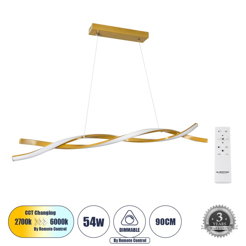 GLOBOSTAR® MORALES 61278 Μοντέρνο Κρεμαστό Φωτιστικό Οροφής LED 54W 6048lm 300° AC 220-240V IP20 Ρυθμιζόμενο Λευκό CCT με Χειριστήριο από 2700K έως 6000K Dimmable - Lumileds SMD Chip - Χρυσό Βούρτσας - Μ90 x Π14 x Υ14cm - 3 Χρόνια Εγγύηση GLOBOSTAR® MORALES 61278 Μοντέρνο Κρεμαστό Φωτιστικό Οροφής LED 54W 6048lm 300° AC 220-240V IP20 Ρυθμιζόμενο Λευκό CCT με Χειριστήριο από 2700K έως 6000K Dimmable - Lumileds SMD Chip - Χρυσό Βούρτσας - Μ90 x Π14 x Υ14cm - 3 Χρόνια Εγγύηση