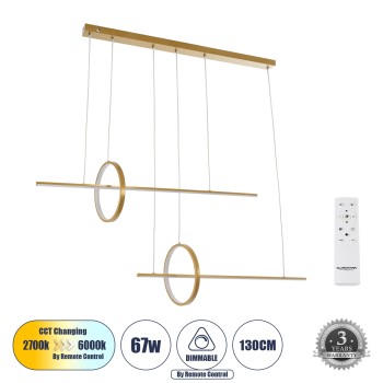GLOBOSTAR® LINEARE 61291 Μοντέρνο Κρεμαστό Φωτιστικό Οροφής LED 67W 7504lm 300° AC 220-240V IP20 Ρυθμιζόμενο Λευκό CCT με Χειριστήριο από 2700K έως 6000K Dimmable - Lumileds SMD Chip - Χρυσό Βούρτσας - Μ130 x Π25 x Υ60cm - 3 Χρόνια Εγγύηση