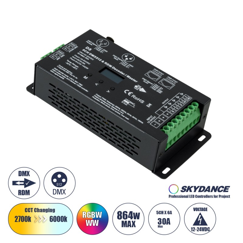 GloboStar® 71448 D5 SKYDANCE DC DMX & RDM Dimmer High Speed Controller / Decoder 5 Καναλιών DC 12-24V 5 x 6A 144W - Max 30A 864W - IP20 Μ17 x Π8 x Υ4cm - 5 Years Warranty GloboStar® 71448 D5 SKYDANCE DC DMX & RDM Dimmer High Speed Controller / Decoder 5 Καναλιών DC 12-24V 5 x 6A 144W - Max 30A 864W - IP20 Μ17 x Π8 x Υ4cm - 5 Years Warranty