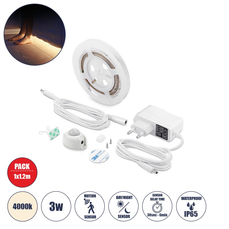GloboStar® 70400 ΣΕΤ Ταινία LED Κρυφού Φωτισμού Κρεβατιού 1 x 1.2m 3W 300lm 2835 SMD 120° Αδιάβροχη IP65 με Τροφοδοτικό & 1 x Ανιχνευτή Κίνησης 360° Φυσικό Λευκό 4000k GloboStar® 70400 ΣΕΤ Ταινία LED Κρυφού Φωτισμού Κρεβατιού 1 x 1.2m 3W 300lm 2835 SMD 120° Αδιάβροχη IP65 με Τροφοδοτικό & 1 x Ανιχνευτή Κίνησης 360° Φυσικό Λευκό 4000k