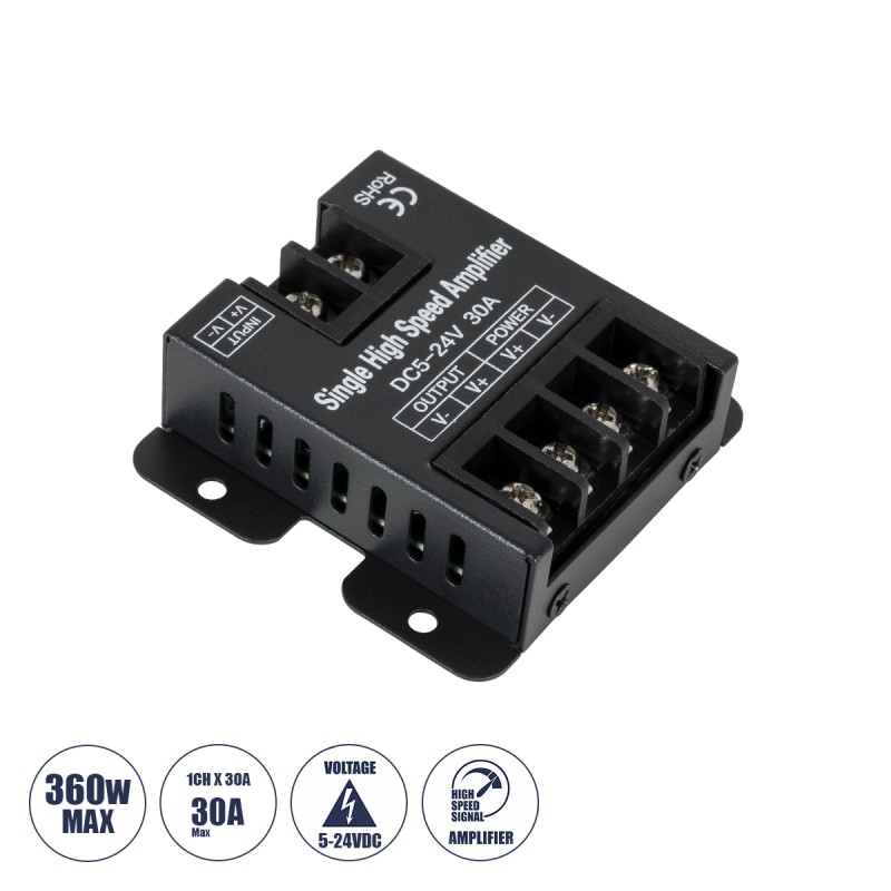 GloboStar® 73396 DC Power & Signal High Speed Amplifier Ενισχυτής Ισχύος & Σήματος Υψηλών Ταχυτήτων 1 Καναλιού DC 5-24V 1 x 30A 360W - Max 30A 360W - IP20 - Single Color - Μ6.3 x Π6.7 x Υ2cm - 2 Χρόνια Εγγύηση GloboStar® 73396 DC Power & Signal High Speed Amplifier Ενισχυτής Ισχύος & Σήματος Υψηλών Ταχυτήτων 1 Καναλιού DC 5-24V 1 x 30A 360W - Max 30A 360W - IP20 - Single Color - Μ6.3 x Π6.7 x Υ2cm - 2 Χρόνια Εγγύηση