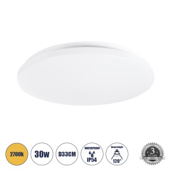 GLOBOSTAR® CELANO 61010 Φωτιστικό Πλαφονιέρα Οροφής LED 30W 2700lm 120° AC 220-240V Αδιάβροχο IP54 Θερμό Λευκό 2700K - Lumileds SMD Chip - Λευκό Γαλακτερό - Μ33 x Π33 x Υ6cm - 3 Χρόνια Εγγύηση GLOBOSTAR® CELANO 61010 Φωτιστικό Πλαφονιέρα Οροφής LED 30W 2700lm 120° AC 220-240V Αδιάβροχο IP54 Θερμό Λευκό 2700K - Lumileds SMD Chip - Λευκό Γαλακτερό - Μ33 x Π33 x Υ6cm - 3 Χρόνια Εγγύηση