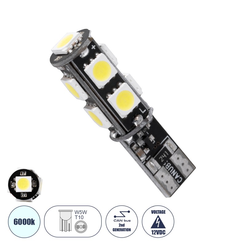 GloboStar® T10 W5W 81096 Λάμπα Αυτοκίνητου LED  2rd Generation Can-Bus Series 9xSMD5050 4.14W 540lm 360° DC 12-16V IP20 Φ1 x Υ3.9cm Ψυχρό Λευκό 6000K GloboStar® T10 W5W 81096 Λάμπα Αυτοκίνητου LED  2rd Generation Can-Bus Series 9xSMD5050 4.14W 540lm 360° DC 12-16V IP20 Φ1 x Υ3.9cm Ψυχρό Λευκό 6000K