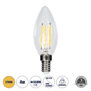 GLOBOSTAR® CANDLE 99001 Λάμπα Κεράκι E14 C35 LED 4W 400lm 360° AC 220-240V IP20 Θερμό Λευκό 2700K Dimmable - Long Filament Chip - Διάφανο - Μ3.5 x Π3.5 x Υ10.5cm - 3 Χρόνια Εγγύηση GLOBOSTAR® CANDLE 99001 Λάμπα Κεράκι E14 C35 LED 4W 400lm 360° AC 220-240V IP20 Θερμό Λευκό 2700K Dimmable - Long Filament Chip - Διάφανο - Μ3.5 x Π3.5 x Υ10.5cm - 3 Χρόνια Εγγύηση