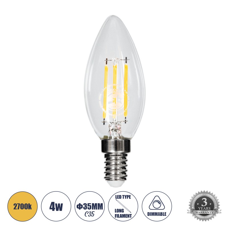 GLOBOSTAR® CANDLE 99001 Λάμπα Κεράκι E14 C35 LED 4W 400lm 360° AC 220-240V IP20 Θερμό Λευκό 2700K Dimmable - Long Filament Chip - Διάφανο - Μ3.5 x Π3.5 x Υ10.5cm - 3 Χρόνια Εγγύηση GLOBOSTAR® CANDLE 99001 Λάμπα Κεράκι E14 C35 LED 4W 400lm 360° AC 220-240V IP20 Θερμό Λευκό 2700K Dimmable - Long Filament Chip - Διάφανο - Μ3.5 x Π3.5 x Υ10.5cm - 3 Χρόνια Εγγύηση