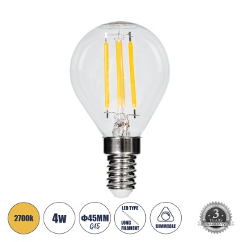 GLOBOSTAR® SPHERE 99003 Λάμπα E14 G45 LED 4W 400lm 360° AC 220-240V IP20 Θερμό Λευκό 2700K Dimmable - Long Filament Chip - Διάφανο - Μ4.5 x Π4.5 x Υ7.5cm - 3 Χρόνια Εγγύηση GLOBOSTAR® SPHERE 99003 Λάμπα E14 G45 LED 4W 400lm 360° AC 220-240V IP20 Θερμό Λευκό 2700K Dimmable - Long Filament Chip - Διάφανο - Μ4.5 x Π4.5 x Υ7.5cm - 3 Χρόνια Εγγύηση