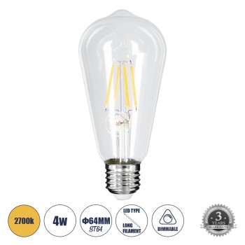 GLOBOSTAR® PEAR 99015 Λάμπα E27 ST64 LED 4W 400lm 360° AC 220-240V IP20 Θερμό Λευκό 2700K Dimmable - Long Filament Chip - Διάφανο - Μ6.4 x Π6.4 x Υ14cm - 3 Χρόνια Εγγύηση GLOBOSTAR® PEAR 99015 Λάμπα E27 ST64 LED 4W 400lm 360° AC 220-240V IP20 Θερμό Λευκό 2700K Dimmable - Long Filament Chip - Διάφανο - Μ6.4 x Π6.4 x Υ14cm - 3 Χρόνια Εγγύηση