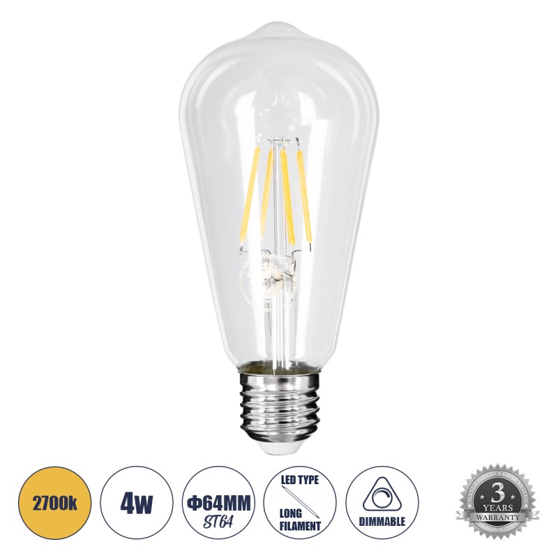 GLOBOSTAR® PEAR 99015 Λάμπα E27 ST64 LED 4W 400lm 360° AC 220-240V IP20 Θερμό Λευκό 2700K Dimmable - Long Filament Chip - Διάφανο - Μ6.4 x Π6.4 x Υ14cm - 3 Χρόνια Εγγύηση GLOBOSTAR® PEAR 99015 Λάμπα E27 ST64 LED 4W 400lm 360° AC 220-240V IP20 Θερμό Λευκό 2700K Dimmable - Long Filament Chip - Διάφανο - Μ6.4 x Π6.4 x Υ14cm - 3 Χρόνια Εγγύηση