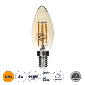 GLOBOSTAR® CANDLE 99031 Λάμπα Κεράκι E14 C35 LED 4W 350lm 360° AC 220-240V IP20 Ultra Θερμό Λευκό 2200K Dimmable - Long Filament Chip - Μελί - Μ3.5 x Π3.5 x Υ10.5cm - 3 Χρόνια Εγγύηση GLOBOSTAR® CANDLE 99031 Λάμπα Κεράκι E14 C35 LED 4W 350lm 360° AC 220-240V IP20 Ultra Θερμό Λευκό 2200K Dimmable - Long Filament Chip - Μελί - Μ3.5 x Π3.5 x Υ10.5cm - 3 Χρόνια Εγγύηση