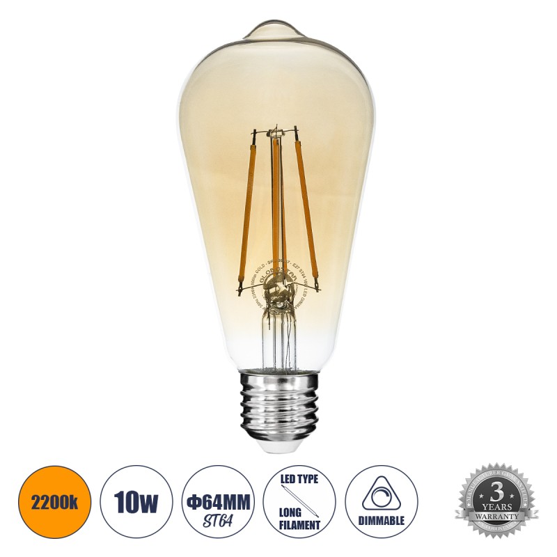 GLOBOSTAR® PEAR 99047 Λάμπα E27 ST64 LED 10W 900lm 360° AC 220-240V IP20 Ultra Θερμό Λευκό 2200K Dimmable - Long Filament Chip - Μελί - Μ6.4 x Π6.4 x Υ14cm - 3 Χρόνια Εγγύηση GLOBOSTAR® PEAR 99047 Λάμπα E27 ST64 LED 10W 900lm 360° AC 220-240V IP20 Ultra Θερμό Λευκό 2200K Dimmable - Long Filament Chip - Μελί - Μ6.4 x Π6.4 x Υ14cm - 3 Χρόνια Εγγύηση