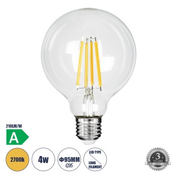 GLOBOSTAR® BUBBLE 99084 Λάμπα E27 G95 LED 4W 840lm 360° AC 220-240V IP20 Θερμό Λευκό 2700K - Long Filament Chip - Διάφανο - Μ9.5 x Π9.5 x Υ13.8cm - 3 Χρόνια Εγγύηση GLOBOSTAR® BUBBLE 99084 Λάμπα E27 G95 LED 4W 840lm 360° AC 220-240V IP20 Θερμό Λευκό 2700K - Long Filament Chip - Διάφανο - Μ9.5 x Π9.5 x Υ13.8cm - 3 Χρόνια Εγγύηση
