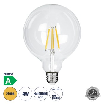 GLOBOSTAR® BUBBLE 99085 Λάμπα E27 G125 LED 4W 840lm 360° AC 220-240V IP20 Θερμό Λευκό 2700K - Long Filament Chip - Διάφανο - Μ12.5 x Π12.5 x Υ13.8cm - 3 Χρόνια Εγγύηση GLOBOSTAR® BUBBLE 99085 Λάμπα E27 G125 LED 4W 840lm 360° AC 220-240V IP20 Θερμό Λευκό 2700K - Long Filament Chip - Διάφανο - Μ12.5 x Π12.5 x Υ13.8cm - 3 Χρόνια Εγγύηση