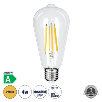 GLOBOSTAR® PEAR 99086 Λάμπα E27 ST64 LED 4W 840lm 360° AC 220-240V IP20 Θερμό Λευκό 2700K - Long Filament Chip - Διάφανο - Μ6.4 x Π6.4 x Υ14.5cm - 3 Χρόνια Εγγύηση GLOBOSTAR® PEAR 99086 Λάμπα E27 ST64 LED 4W 840lm 360° AC 220-240V IP20 Θερμό Λευκό 2700K - Long Filament Chip - Διάφανο - Μ6.4 x Π6.4 x Υ14.5cm - 3 Χρόνια Εγγύηση