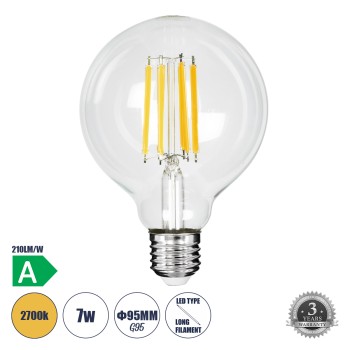 GLOBOSTAR® BUBBLE 99088 Λάμπα E27 G95 LED 7W 1470lm 360° AC 220-240V IP20 Θερμό Λευκό 2700K - Long Filament Chip - Διάφανο - Μ9.5 x Π9.5 x Υ13.8cm - 3 Χρόνια Εγγύηση GLOBOSTAR® BUBBLE 99088 Λάμπα E27 G95 LED 7W 1470lm 360° AC 220-240V IP20 Θερμό Λευκό 2700K - Long Filament Chip - Διάφανο - Μ9.5 x Π9.5 x Υ13.8cm - 3 Χρόνια Εγγύηση