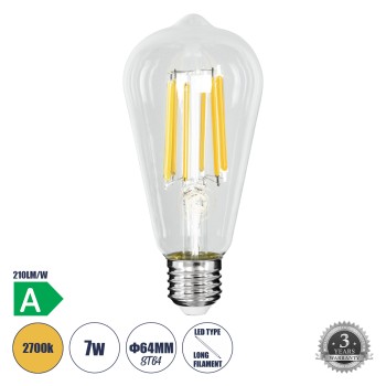 GLOBOSTAR® PEAR 99090 Λάμπα E27 ST64 LED 7W 1470lm 360° AC 220-240V IP20 Θερμό Λευκό 2700K - Long Filament Chip - Διάφανο - Μ6.4 x Π6.4 x Υ14.5cm - 3 Χρόνια Εγγύηση GLOBOSTAR® PEAR 99090 Λάμπα E27 ST64 LED 7W 1470lm 360° AC 220-240V IP20 Θερμό Λευκό 2700K - Long Filament Chip - Διάφανο - Μ6.4 x Π6.4 x Υ14.5cm - 3 Χρόνια Εγγύηση