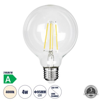 GLOBOSTAR® BUBBLE 99092 Λάμπα E27 G95 LED 4W 840lm 360° AC 220-240V IP20 Φυσικό Λευκό 4500K - Filament Chip - Διάφανο - Μ9.5 x Π9.5 x Υ13.8cm - 3 Χρόνια Εγγύηση GLOBOSTAR® BUBBLE 99092 Λάμπα E27 G95 LED 4W 840lm 360° AC 220-240V IP20 Φυσικό Λευκό 4500K - Filament Chip - Διάφανο - Μ9.5 x Π9.5 x Υ13.8cm - 3 Χρόνια Εγγύηση