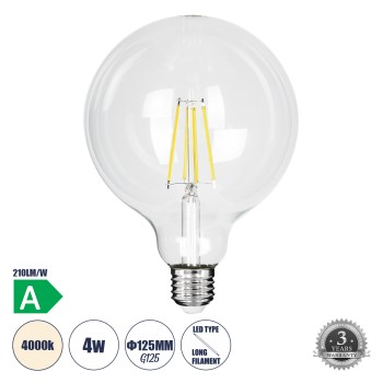 GLOBOSTAR® BUBBLE 99093 Λάμπα E27 G125 LED 4W 840lm 360° AC 220-240V IP20 Φυσικό Λευκό 4500K - Long Filament Chip - Διάφανο - Μ12.5 x Π12.5 x Υ13.8cm - 3 Χρόνια Εγγύηση GLOBOSTAR® BUBBLE 99093 Λάμπα E27 G125 LED 4W 840lm 360° AC 220-240V IP20 Φυσικό Λευκό 4500K - Long Filament Chip - Διάφανο - Μ12.5 x Π12.5 x Υ13.8cm - 3 Χρόνια Εγγύηση