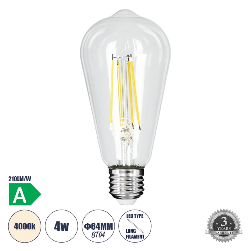 GLOBOSTAR® PEAR 99094 Λάμπα E27 ST64 LED 4W 840lm 360° AC 220-240V IP20 Φυσικό Λευκό 4500K - Long Filament Chip - Διάφανο - Μ6.4 x Π6.4 x Υ14.5cm - 3 Χρόνια Εγγύηση GLOBOSTAR® PEAR 99094 Λάμπα E27 ST64 LED 4W 840lm 360° AC 220-240V IP20 Φυσικό Λευκό 4500K - Long Filament Chip - Διάφανο - Μ6.4 x Π6.4 x Υ14.5cm - 3 Χρόνια Εγγύηση