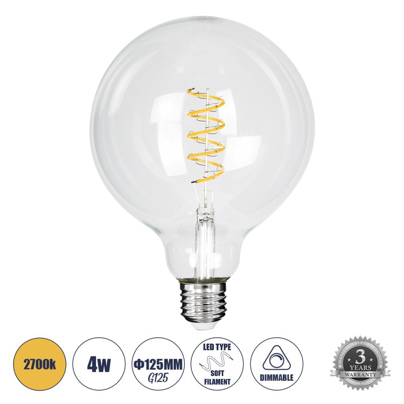 GLOBOSTAR® BUBBLE 99137 Λάμπα E27 G125 LED 4W 300lm 360° AC 220-240V IP20 Θερμό Λευκό 2700K Dimmable - Soft S Spiral Filament Chip - Διάφανο - Μ12.5 x Π12.5 x Υ18cm - 3 Χρόνια Εγγύηση GLOBOSTAR® BUBBLE 99137 Λάμπα E27 G125 LED 4W 300lm 360° AC 220-240V IP20 Θερμό Λευκό 2700K Dimmable - Soft S Spiral Filament Chip - Διάφανο - Μ12.5 x Π12.5 x Υ18cm - 3 Χρόνια Εγγύηση