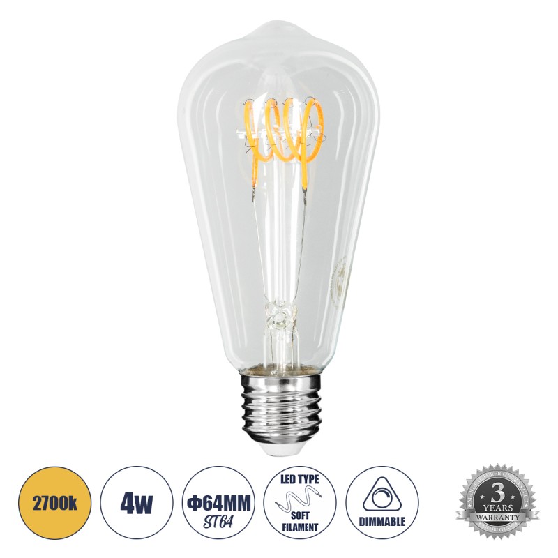 GLOBOSTAR® PEAR 99140 Λάμπα E27 ST64 LED 4W 300lm 360° AC 220-240V IP20 Θερμό Λευκό 2700K Dimmable - Soft T Spiral Filament Chip - Διάφανο - Μ6.4 x Π6.4 x Υ14cm - 3 Χρόνια Εγγύηση GLOBOSTAR® PEAR 99140 Λάμπα E27 ST64 LED 4W 300lm 360° AC 220-240V IP20 Θερμό Λευκό 2700K Dimmable - Soft T Spiral Filament Chip - Διάφανο - Μ6.4 x Π6.4 x Υ14cm - 3 Χρόνια Εγγύηση