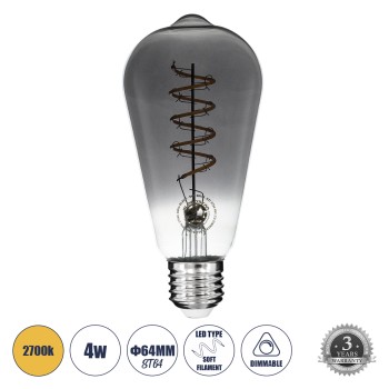 GLOBOSTAR® PEAR 99145 Λάμπα E27 ST64 LED 4W 280lm 360° AC 220-240V IP20 Θερμό Λευκό 2700K Dimmable - Soft S Spiral Filament Chip - Μαύρο Φιμέ - Μ6.4 x Π6.4 x Υ14cm - 3 Χρόνια Εγγύηση GLOBOSTAR® PEAR 99145 Λάμπα E27 ST64 LED 4W 280lm 360° AC 220-240V IP20 Θερμό Λευκό 2700K Dimmable - Soft S Spiral Filament Chip - Μαύρο Φιμέ - Μ6.4 x Π6.4 x Υ14cm - 3 Χρόνια Εγγύηση