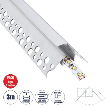 GloboStar® PLASTERBOARD-PROFILE 70821-3M Προφίλ Αλουμινίου - Βάση & Ψύκτρα Ταινίας LED με Λευκό Γαλακτερό Κάλυμμα - Χωνευτή Γωνιακή Χρήση σε Εξωτερική Γωνία Γυψοσανίδας - Trimless - Πατητό Κάλυμμα - Ασημί - 3 Μέτρα - Πακέτο 5 Τεμαχίων - Μ300 x Π4.5 x  GloboStar® PLASTERBOARD-PROFILE 70821-3M Προφίλ Αλουμινίου - Βάση & Ψύκτρα Ταινίας LED με Λευκό Γαλακτερό Κάλυμμα - Χωνευτή Γωνιακή Χρήση σε Εξωτερική Γωνία Γυψοσανίδας - Trimless - Πατητό Κάλυμμα - Ασημί - 3 Μέτρα - Πακέτο 5 Τεμαχίων - Μ300 x Π4.5 x
