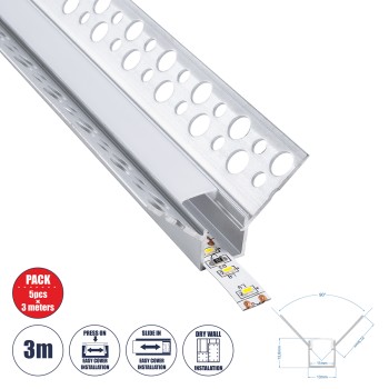 GloboStar® PLASTERBOARD-PROFILE 70836-3M Προφίλ Αλουμινίου - Βάση & Ψύκτρα Ταινίας LED με Λευκό Γαλακτερό Κάλυμμα - Χωνευτή Γωνιακή Χρήση σε Εσωτερική Γωνία Γυψοσανίδας - Trimless - Πατητό Κάλυμμα - Ασημί - 3 Μέτρα - Πακέτο 5 Τεμαχίων - Μ300 x Π3.1 x  GloboStar® PLASTERBOARD-PROFILE 70836-3M Προφίλ Αλουμινίου - Βάση & Ψύκτρα Ταινίας LED με Λευκό Γαλακτερό Κάλυμμα - Χωνευτή Γωνιακή Χρήση σε Εσωτερική Γωνία Γυψοσανίδας - Trimless - Πατητό Κάλυμμα - Ασημί - 3 Μέτρα - Πακέτο 5 Τεμαχίων - Μ300 x Π3.1 x