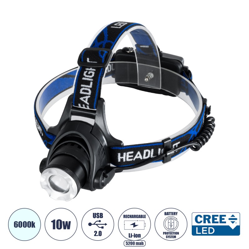 GloboStar® 79055 Φακός Κεφαλής Επαναφορτιζόμενος LED CREE XML2-T6 Chip 10 Watt 800lm με 2 x 18650 Μπαταρίες 5200mAh - Ψυχρό Λευκό 6000K - Μ8.5 x Π6.5 x Υ7cm GloboStar® 79055 Φακός Κεφαλής Επαναφορτιζόμενος LED CREE XML2-T6 Chip 10 Watt 800lm με 2 x 18650 Μπαταρίες 5200mAh - Ψυχρό Λευκό 6000K - Μ8.5 x Π6.5 x Υ7cm