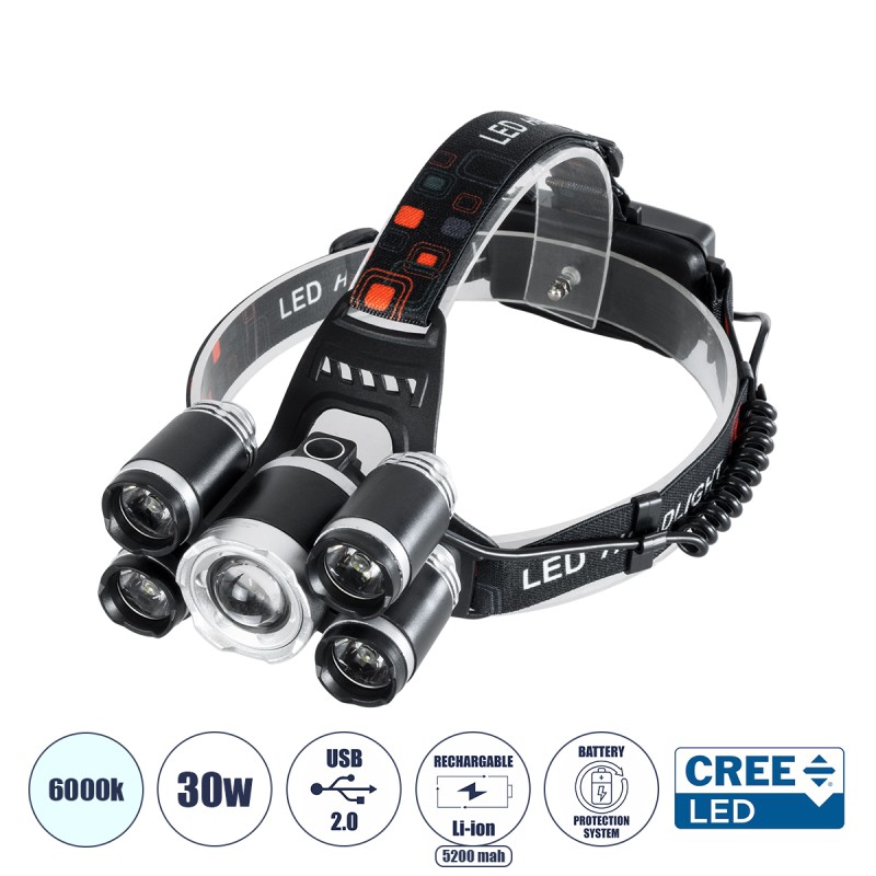 GloboStar® 79059 Φακός Κεφαλής Επαναφορτιζόμενος LED CREE XML2-T6 Chip 30 Watt 2000lm με 2 x 18650 Μπαταρίες 5200mAh Ψυχρό Λευκό 6000K - Μ9 x Π7.5 x Υ9cm GloboStar® 79059 Φακός Κεφαλής Επαναφορτιζόμενος LED CREE XML2-T6 Chip 30 Watt 2000lm με 2 x 18650 Μπαταρίες 5200mAh Ψυχρό Λευκό 6000K - Μ9 x Π7.5 x Υ9cm