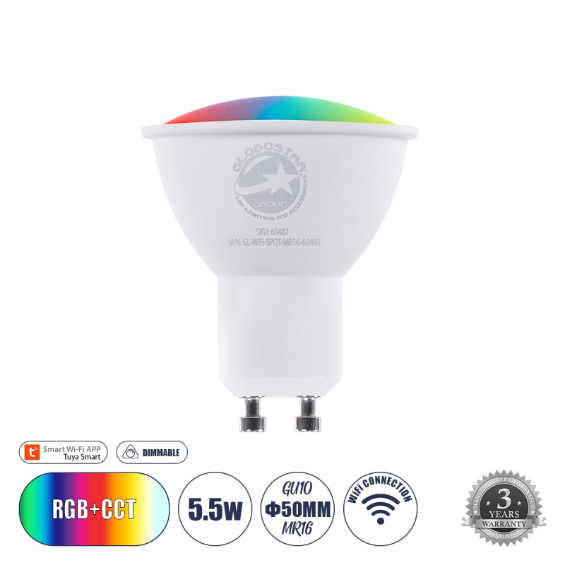GLOBOSTAR® SMARTME 60487 Σποτ GU10 MR16 Smart Home WiFi με Λειτουργία μέσω Tuya APP LED 5.5W 550lm 120° AC 220-240V IP20 Πολύχρωμο RGBW+WW Dimmable - Bridgelux Chip - Μ5 x Π5 x Υ6.5cm - 3 Χρόνια Εγγύηση GLOBOSTAR® SMARTME 60487 Σποτ GU10 MR16 Smart Home WiFi με Λειτουργία μέσω Tuya APP LED 5.5W 550lm 120° AC 220-240V IP20 Πολύχρωμο RGBW+WW Dimmable - Bridgelux Chip - Μ5 x Π5 x Υ6.5cm - 3 Χρόνια Εγγύηση