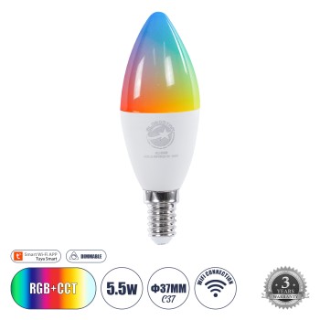 GLOBOSTAR® SMARTME 60488 Λάμπα Κεράκι E14 C37 Smart Home WiFi με Λειτουργία μέσω Tuya APP LED 5.5W 550lm 260° AC 220-240V IP20 Πολύχρωμο RGBW+WW Dimmable - Bridgelux Chip - Μ3.7 x Π3.7 x Υ11cm - 3 Χρόνια Εγγύηση GLOBOSTAR® SMARTME 60488 Λάμπα Κεράκι E14 C37 Smart Home WiFi με Λειτουργία μέσω Tuya APP LED 5.5W 550lm 260° AC 220-240V IP20 Πολύχρωμο RGBW+WW Dimmable - Bridgelux Chip - Μ3.7 x Π3.7 x Υ11cm - 3 Χρόνια Εγγύηση