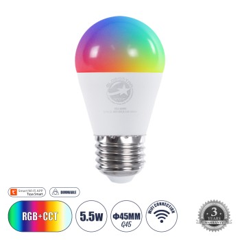 GLOBOSTAR® SMARTME 60489 Λάμπα E27 G45 Smart Home WiFi με Λειτουργία μέσω Tuya APP LED 5.5W 550lm 260° AC 220-240V IP20 Πολύχρωμο RGBW+WW Dimmable - Bridgelux Chip - Μ4.5 x Π4.5 x Υ8.8cm - 3 Χρόνια Εγγύηση GLOBOSTAR® SMARTME 60489 Λάμπα E27 G45 Smart Home WiFi με Λειτουργία μέσω Tuya APP LED 5.5W 550lm 260° AC 220-240V IP20 Πολύχρωμο RGBW+WW Dimmable - Bridgelux Chip - Μ4.5 x Π4.5 x Υ8.8cm - 3 Χρόνια Εγγύηση
