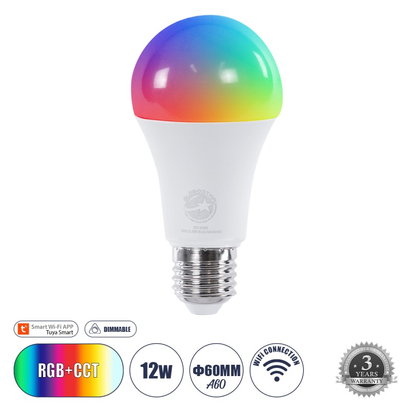 GLOBOSTAR® SMARTME 60490 Λάμπα E27 A60 Smart Home WiFi με Λειτουργία μέσω Tuya APP LED 12W 1200lm 260° AC 220-240V IP20 Πολύχρωμο RGBW+WW Dimmable - Bridgelux Chip - Μ6 x Π6 x Υ12cm - 3 Χρόνια Εγγύηση GLOBOSTAR® SMARTME 60490 Λάμπα E27 A60 Smart Home WiFi με Λειτουργία μέσω Tuya APP LED 12W 1200lm 260° AC 220-240V IP20 Πολύχρωμο RGBW+WW Dimmable - Bridgelux Chip - Μ6 x Π6 x Υ12cm - 3 Χρόνια Εγγύηση