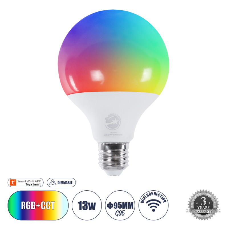 GLOBOSTAR® SMARTME 60491 Λάμπα E27 G95 Smart Home WiFi με Λειτουργία μέσω Tuya APP LED 13W 1300lm 260° AC 220-240V IP20 Πολύχρωμο RGBW+WW Dimmable - Bridgelux Chip - Μ9.5 x Π9.5 x Υ13.5cm - 3 Χρόνια Εγγύηση GLOBOSTAR® SMARTME 60491 Λάμπα E27 G95 Smart Home WiFi με Λειτουργία μέσω Tuya APP LED 13W 1300lm 260° AC 220-240V IP20 Πολύχρωμο RGBW+WW Dimmable - Bridgelux Chip - Μ9.5 x Π9.5 x Υ13.5cm - 3 Χρόνια Εγγύηση
