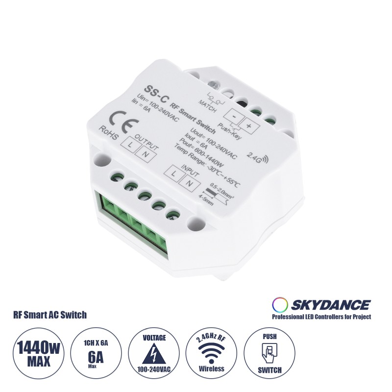 GloboStar® 73126 SS-C SKYDANCE AC RF 2.4Ghz & Push Switch 1 Κανάλι AC 100-240V 1 x 6A 1440W - Max 6A 1440W - IP20  Μ5.2 x Π5.2 x Υ2.6cm - 5 Χρόνια Εγγύηση GloboStar® 73126 SS-C SKYDANCE AC RF 2.4Ghz & Push Switch 1 Κανάλι AC 100-240V 1 x 6A 1440W - Max 6A 1440W - IP20  Μ5.2 x Π5.2 x Υ2.6cm - 5 Χρόνια Εγγύηση