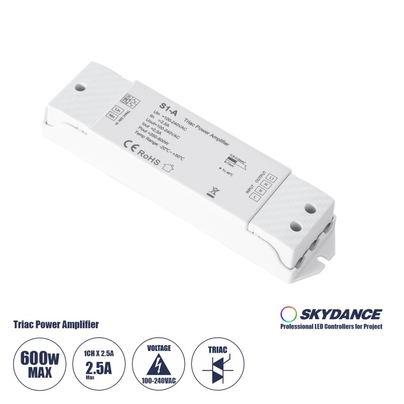 GloboStar® 73128 S1-A SKYDANCE AC Triac Amplifier 1 Κανάλι AC 100-240V 1 x 2.5A 600W - Max 2.5A 600W - IP20  Μ17.5 x Π4.5 x Υ2.5cm - 5 Χρόνια Εγγύηση GloboStar® 73128 S1-A SKYDANCE AC Triac Amplifier 1 Κανάλι AC 100-240V 1 x 2.5A 600W - Max 2.5A 600W - IP20  Μ17.5 x Π4.5 x Υ2.5cm - 5 Χρόνια Εγγύηση