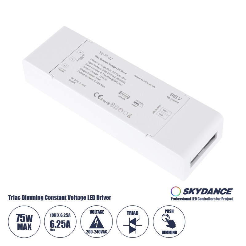GloboStar® 73129 TE-75-12 SKYDANCE AC Triac Dimmer Push Dimming 1 Κανάλι AC 200-240V 1 x 6.25A 75W - Max 6.25A 75W - IP20 Μ18 x Π5.7 x Υ3cm - 5 Χρόνια Εγγύηση GloboStar® 73129 TE-75-12 SKYDANCE AC Triac Dimmer Push Dimming 1 Κανάλι AC 200-240V 1 x 6.25A 75W - Max 6.25A 75W - IP20 Μ18 x Π5.7 x Υ3cm - 5 Χρόνια Εγγύηση