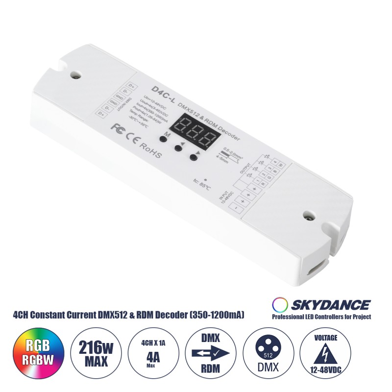 GloboStar® 73146 D4C-L SKYDANCE DC DMX512 Constant Current & RDM Decoder 4 Καναλιών DC 12-48V 4 x 1A 54W - Max 4A 216W - IP20  Μ17 x Π5 x Υ2.5cm - 5 Χρόνια Εγγύηση GloboStar® 73146 D4C-L SKYDANCE DC DMX512 Constant Current & RDM Decoder 4 Καναλιών DC 12-48V 4 x 1A 54W - Max 4A 216W - IP20  Μ17 x Π5 x Υ2.5cm - 5 Χρόνια Εγγύηση