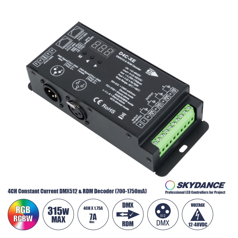 GLOBOSTAR® SKYDANCE-D4C-XE 73147 DC CC DMX Master Dimmer / Controller / Decoder Υψηλής Ταχύτητας με 4 x 700-1750mA 2.1-78.75W Κανάλια DC 12-48V σε DC 3-45V 7000mA 315W Max IP20 - DMX512 & RDM - Μ16.5 x Π7 x Υ3.7cm - 5 Χρόνια Εγγύηση GLOBOSTAR® SKYDANCE-D4C-XE 73147 DC CC DMX Master Dimmer / Controller / Decoder Υψηλής Ταχύτητας με 4 x 700-1750mA 2.1-78.75W Κανάλια DC 12-48V σε DC 3-45V 7000mA 315W Max IP20 - DMX512 & RDM - Μ16.5 x Π7 x Υ3.7cm - 5 Χρόνια Εγγύηση