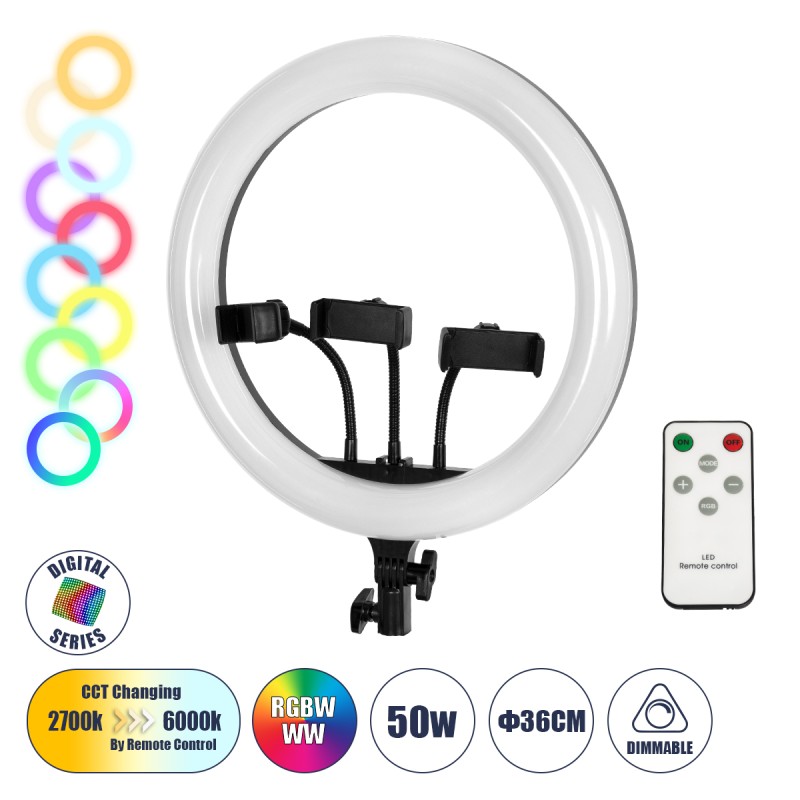 GloboStar® 75803 Professional Digital Ring Light Φ36cm LED SMD 50W 5000lm 180° DC 5V με Καλώδιο Τροφοδοσίας USB - Ενσωματωμένο και Ασύρματο Χειριστήριο RF 2.4Ghz Εναλλαγής Χρωμάτων & 3 Βάσεις Τηλεφώνου - Πολύχρωμο RGBW+WW Dimmable GloboStar® 75803 Professional Digital Ring Light Φ36cm LED SMD 50W 5000lm 180° DC 5V με Καλώδιο Τροφοδοσίας USB - Ενσωματωμένο και Ασύρματο Χειριστήριο RF 2.4Ghz Εναλλαγής Χρωμάτων & 3 Βάσεις Τηλεφώνου - Πολύχρωμο RGBW+WW Dimmable