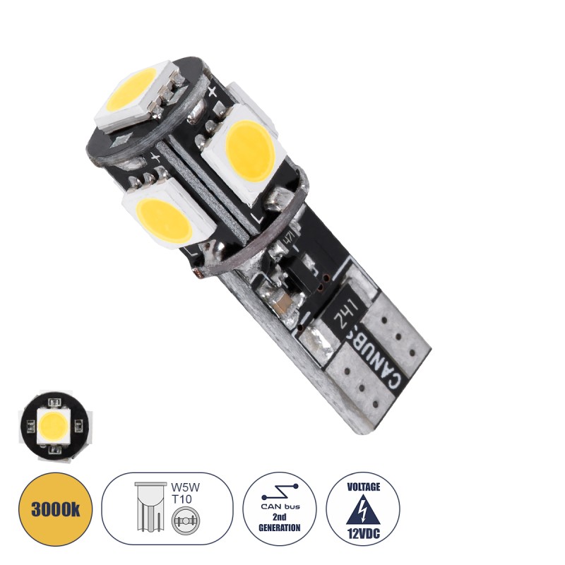 GloboStar® T10 W5W 81090 Λάμπα Αυτοκίνητου LED  2rd Generation Can-Bus Series 5xSMD5050 2.30W 300lm 360° DC 12-16V IP20 Φ1.1 x Υ2.7cm Θερμό Λευκό 3000K GloboStar® T10 W5W 81090 Λάμπα Αυτοκίνητου LED  2rd Generation Can-Bus Series 5xSMD5050 2.30W 300lm 360° DC 12-16V IP20 Φ1.1 x Υ2.7cm Θερμό Λευκό 3000K