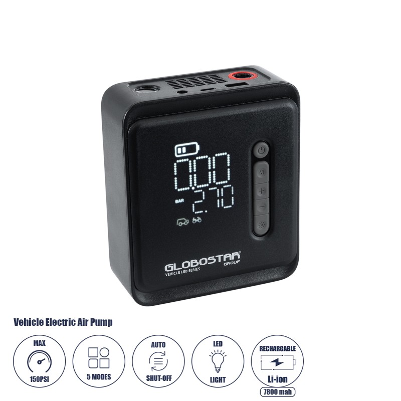 GloboStar® 81490 Φορητή Επαναφορτιζόμενη Ψηφιακή Τρόμπα - Κομπρέσορας Αέρος Αυτοκινήτου & Μοτοσυκλέτας - με Οθόνη LCD & Ενσωματωμένη Επαναφορτιζόμενη Μπαταρία Λιθίου 7800 mAh - Πίεση Αέρος Max 150 PSI - 5 Προγράμματα - Φακό LED - Power Bank με έξο GloboStar® 81490 Φορητή Επαναφορτιζόμενη Ψηφιακή Τρόμπα - Κομπρέσορας Αέρος Αυτοκινήτου & Μοτοσυκλέτας - με Οθόνη LCD & Ενσωματωμένη Επαναφορτιζόμενη Μπαταρία Λιθίου 7800 mAh - Πίεση Αέρος Max 150 PSI - 5 Προγράμματα - Φακό LED - Power Bank με έξο