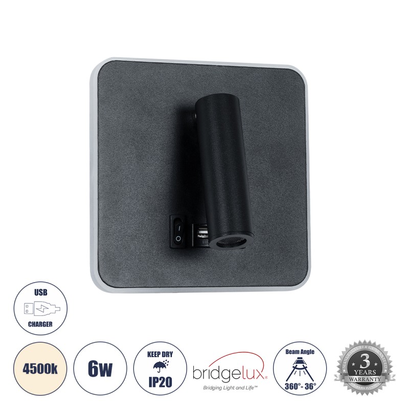 GLOBOSTAR® LADY-S 60942 Μοντέρνο Φωτιστικό Τοίχου - Απλίκα Ξενοδοχείου Reading Light με Φορτιστή USB 3A LED 6W 600lm 36° & 360° AC 220-240V IP20 Φυσικό Λευκό 4500K - Bridgelux COB Chip & TÜV SÜD Driver - Μαύρο Ματ - Μ15 x Π15 x Υ7cm - 3 Χρόνια Εγγ GLOBOSTAR® LADY-S 60942 Μοντέρνο Φωτιστικό Τοίχου - Απλίκα Ξενοδοχείου Reading Light με Φορτιστή USB 3A LED 6W 600lm 36° & 360° AC 220-240V IP20 Φυσικό Λευκό 4500K - Bridgelux COB Chip & TÜV SÜD Driver - Μαύρο Ματ - Μ15 x Π15 x Υ7cm - 3 Χρόνια Εγγ