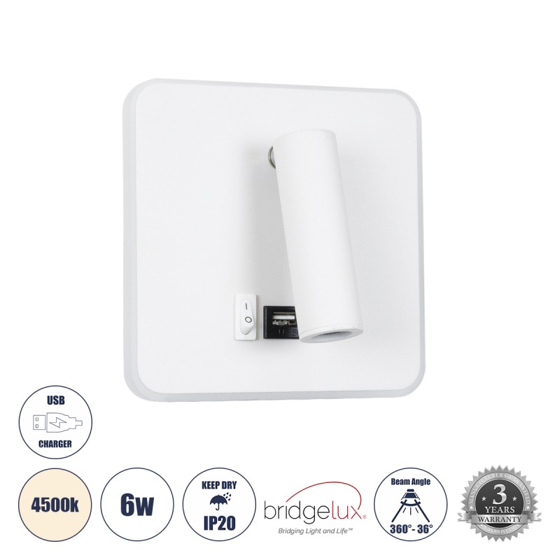 GLOBOSTAR® LADY-S 60943 Μοντέρνο Φωτιστικό Τοίχου - Απλίκα Ξενοδοχείου Reading Light με Φορτιστή USB 3A LED 6W 600lm 36° & 360° AC 220-240V IP20 Φυσικό Λευκό 4500K - Bridgelux COB Chip & TÜV SÜD Driver - Λευκό Ματ - Μ15 x Π15 x Υ7cm - 3 Χρόνια Εγγ GLOBOSTAR® LADY-S 60943 Μοντέρνο Φωτιστικό Τοίχου - Απλίκα Ξενοδοχείου Reading Light με Φορτιστή USB 3A LED 6W 600lm 36° & 360° AC 220-240V IP20 Φυσικό Λευκό 4500K - Bridgelux COB Chip & TÜV SÜD Driver - Λευκό Ματ - Μ15 x Π15 x Υ7cm - 3 Χρόνια Εγγ