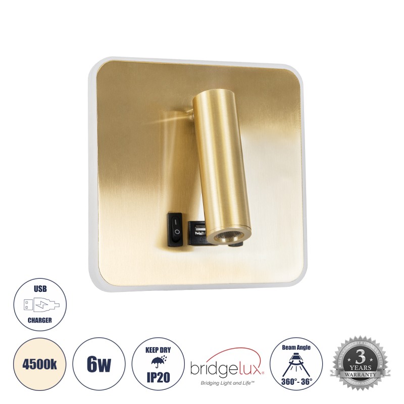GLOBOSTAR® LADY-S 60944 Μοντέρνο Φωτιστικό Τοίχου - Απλίκα Ξενοδοχείου Reading Light με Φορτιστή USB 3A LED 6W 600lm 36° & 360° AC 220-240V IP20 Φυσικό Λευκό 4500K - Bridgelux COB Chip & TÜV SÜD Driver - Χρυσό Πλατίνα - Μ15 x Π15 x Υ7cm - 3 Χρόνια GLOBOSTAR® LADY-S 60944 Μοντέρνο Φωτιστικό Τοίχου - Απλίκα Ξενοδοχείου Reading Light με Φορτιστή USB 3A LED 6W 600lm 36° & 360° AC 220-240V IP20 Φυσικό Λευκό 4500K - Bridgelux COB Chip & TÜV SÜD Driver - Χρυσό Πλατίνα - Μ15 x Π15 x Υ7cm - 3 Χρόνια