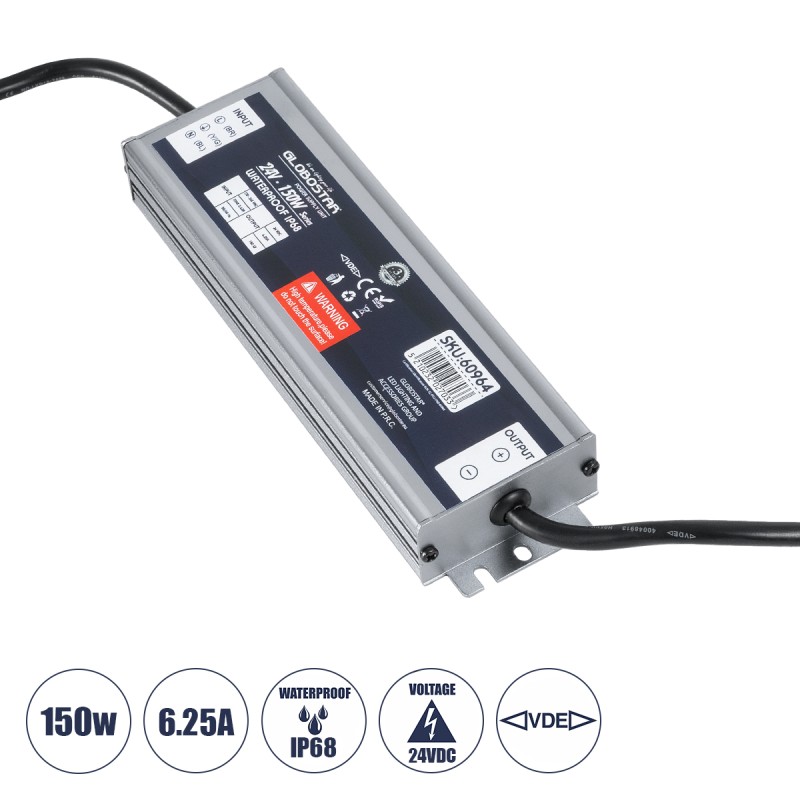 GLOBOSTAR® LUMISPLASH 60964 Τροφοδοτικό/Μετασχηματιστής Class II SELV 150W 6.25A DC 24V Αδιάβροχο IP68 - AC 220-240V σε DC 24V - Μ20 x Π5.5 x Υ2.5cm - 3 Χρόνια Εγγύηση GLOBOSTAR® LUMISPLASH 60964 Τροφοδοτικό/Μετασχηματιστής Class II SELV 150W 6.25A DC 24V Αδιάβροχο IP68 - AC 220-240V σε DC 24V - Μ20 x Π5.5 x Υ2.5cm - 3 Χρόνια Εγγύηση