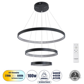 GLOBOSTAR® DIAMOND TRIO 61523 Μοντέρνο Κρεμαστό Φωτιστικό Οροφής LED 100W 11200lm 360° AC 220-240V IP20 Ρυθμιζόμενο Λευκό CCT με Χειριστήριο από 2700K έως 6000K Dimmable - Lumileds SMD Chip - Μαύρο Ματ - Μ90 x Π90 x Υ90cm - 3 Χρόνια Εγγύηση GLOBOSTAR® DIAMOND TRIO 61523 Μοντέρνο Κρεμαστό Φωτιστικό Οροφής LED 100W 11200lm 360° AC 220-240V IP20 Ρυθμιζόμενο Λευκό CCT με Χειριστήριο από 2700K έως 6000K Dimmable - Lumileds SMD Chip - Μαύρο Ματ - Μ90 x Π90 x Υ90cm - 3 Χρόνια Εγγύηση